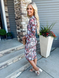 Brown Floral Allover Print Mock Neck Bodycon Midi Dress