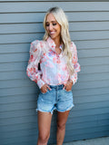 White Floral Print Buttoned Balloon Sleeve Loose Shirt