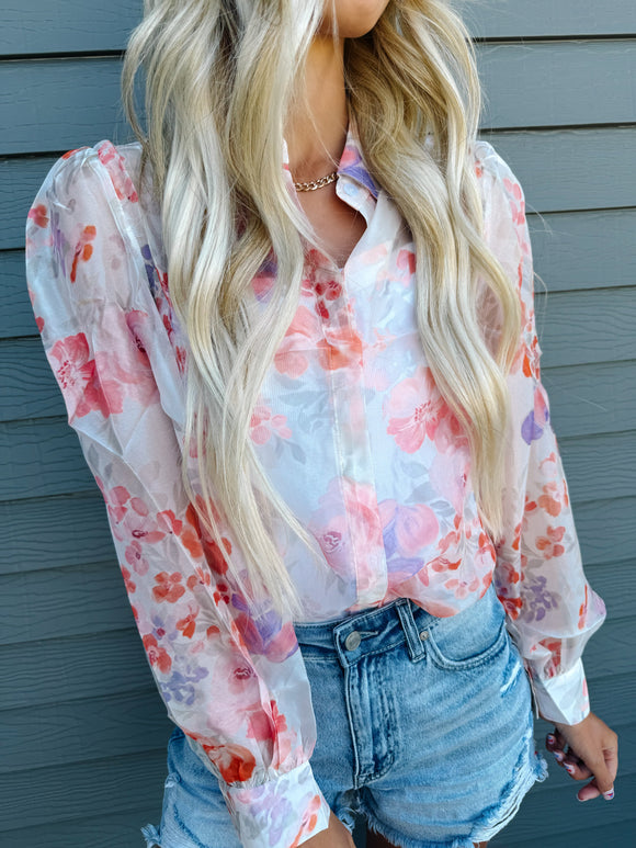 White Floral Print Buttoned Balloon Sleeve Loose Shirt