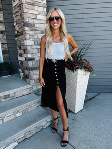 Black Button Fly Side Split High Waist Denim Midi Skirt