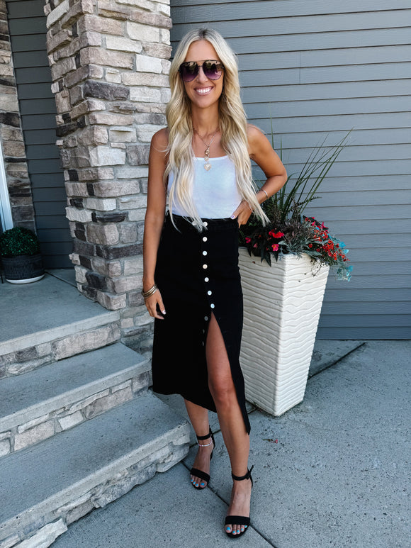Black Button Fly Side Split High Waist Denim Midi Skirt
