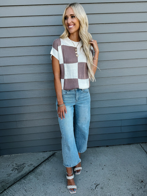 Khaki Checkered Color Block Crew Neck Short Sleeve Sweater PREORDER