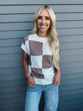Khaki Checkered Color Block Crew Neck Short Sleeve Sweater PREORDER