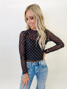 Black Polka Dot Mesh Long Sleeve Top