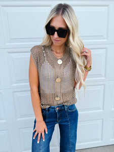 Big Metal Button Front Openwork Sweater Vest