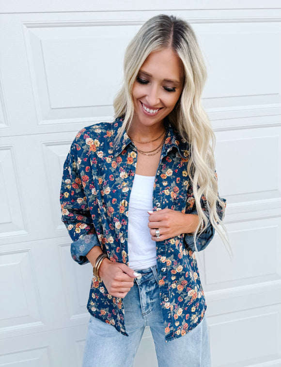 Washed Floral Print Denim Jacket