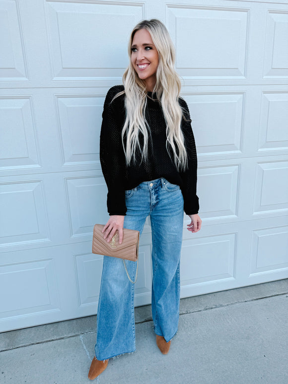 Black Textured Drop Shoulder Knit Top