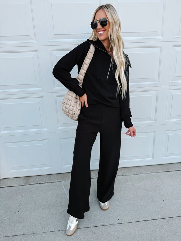 Ribbed High Neck Half Zip Pullover & Pants Set
