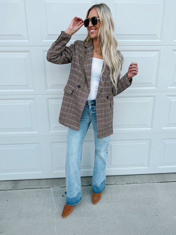 Brown Houndstooth Lapel Collar Blazer