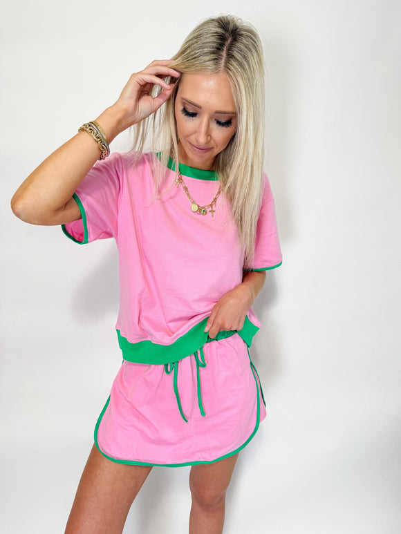 Bonbon Colorblock Edge Drop Shoulder T Shirt and Skort Set