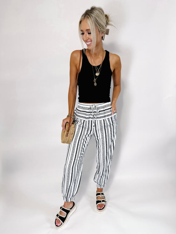 Black Stripe Geometric Print Drawstring Cuff Pants