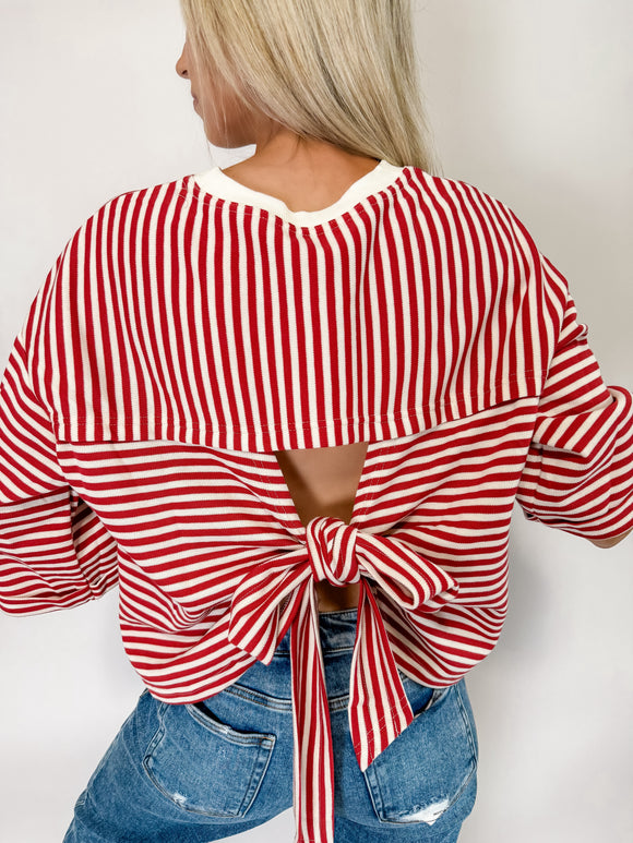 Red Striped Bowknot Backless T-Shirt