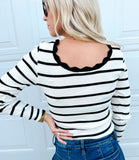 Black White Scalloped Edge Neck Striped Long Sleeve Top