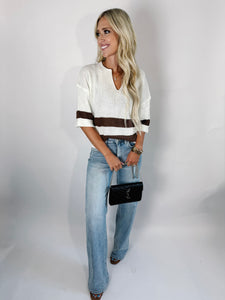 Brown Stripe Cropped Drop Sleeve Sweater
