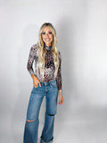 Brown Allover Leopard Print Smocked Neck Mesh Bodysuit
