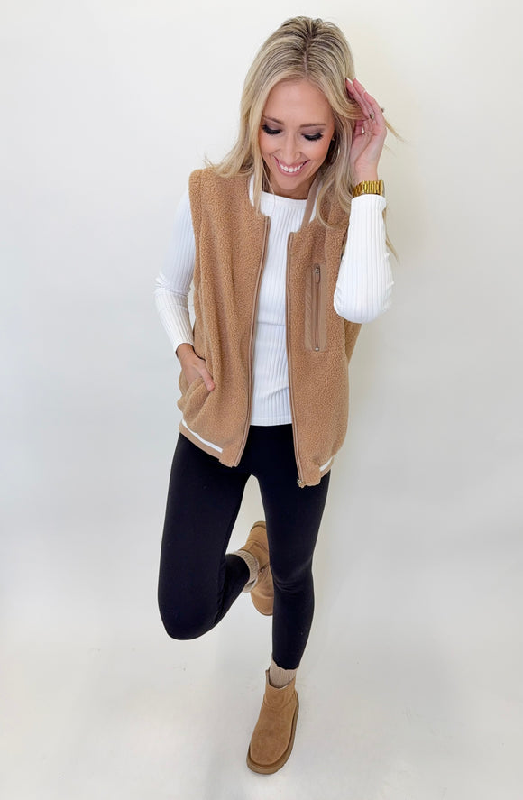 Taupe Sherpa Varsity Vest