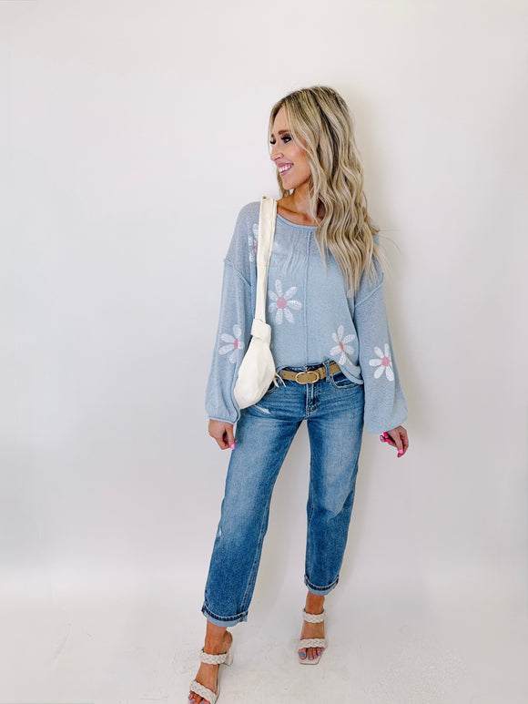 Flower Roll Edge Round Neck Drop Shoulder Knit Top