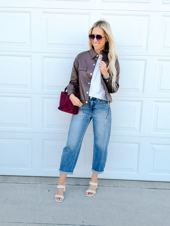Chicory Coffee Flap Pocket Drawstring Hem Leather Jacket