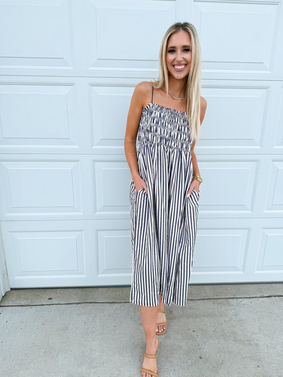 Smocked Striped Square Neck Cami Dress