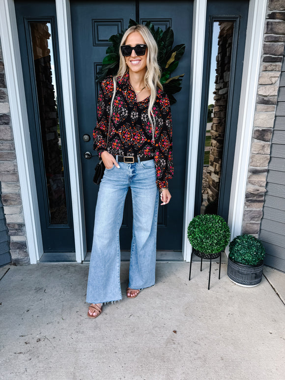 Black Floral Print Collared Button Up Puff Sleeve Shirt