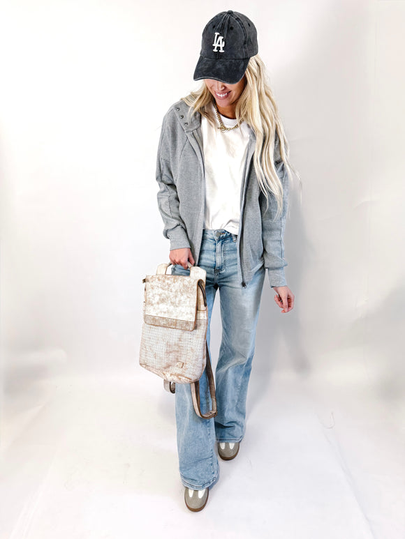 Gray Waffle Splicing Zip Up Front Button Hooded Jacket