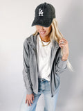 Gray Waffle Splicing Zip Up Front Button Hooded Jacket