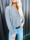 Gray Fluffy V-neck Button Sweater Cardigan