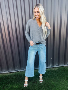 Gray Fluffy V-neck Button Sweater Cardigan