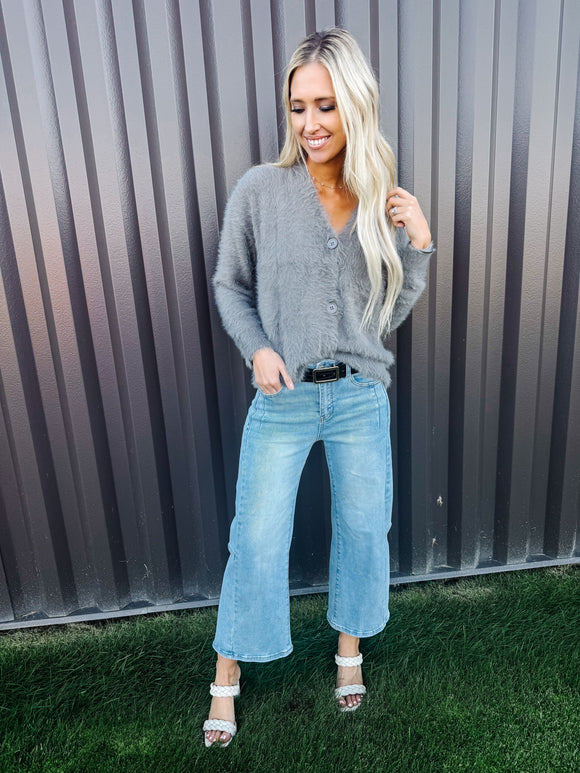 Gray Fluffy V-neck Button Sweater Cardigan
