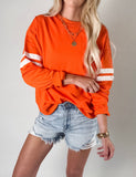 Fiery Red Preppy Striped Sleeve Loose Sweatshirt