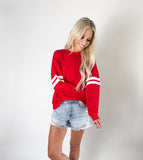 Fiery Red Preppy Striped Sleeve Loose Sweatshirt