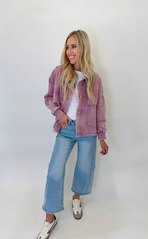 Light Rose Cropped Acid Wash Jacket