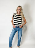 Black Stripe Flutter Sleeve Round Neck T Shirt