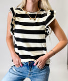 Black Stripe Flutter Sleeve Round Neck T Shirt