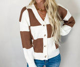 Khaki Checkered Pattern Button V Neck Ribbed Knit Cardigan