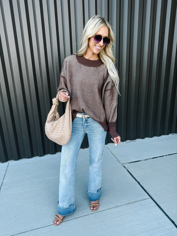 Exposed Seam Two Tone Ribbed Sweater