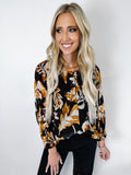 Autumn Leaf Print Balloon Sleeve Blouse