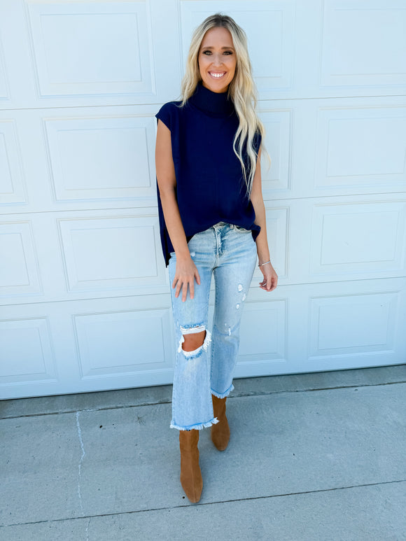 High-Low Turtleneck Sleeveless Sweater Top