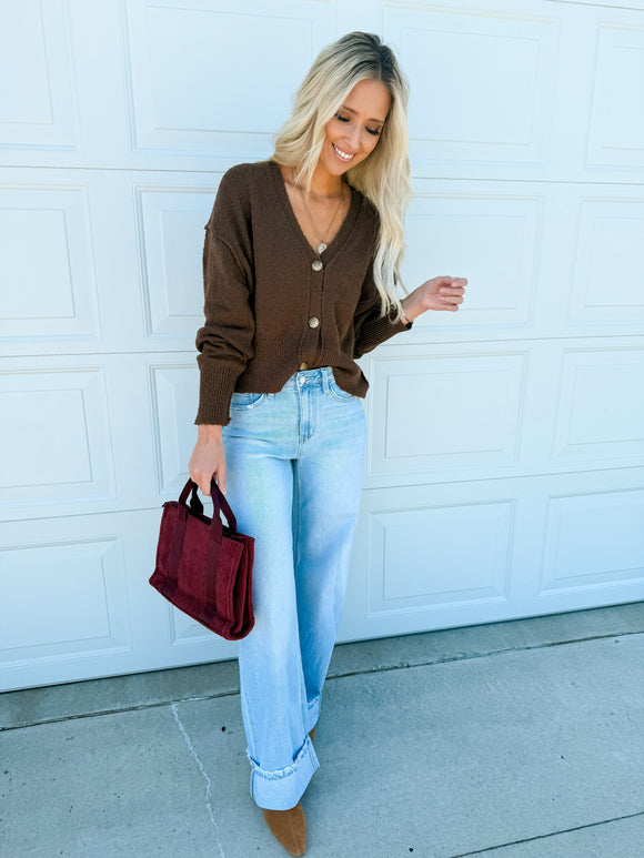 Brown Button-Front V-Neck Knit Cardigan