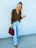 Brown Button-Front V-Neck Knit Cardigan