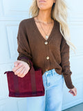 Brown Button-Front V-Neck Knit Cardigan