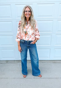 Orange Floral Puff Sleeve Lightweight Shirt