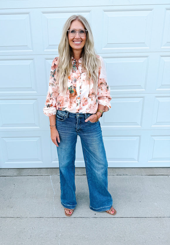 Orange Floral Puff Sleeve Lightweight Shirt