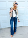 Black White Scalloped Edge Neck Striped Long Sleeve Top