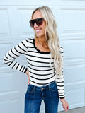 Black White Scalloped Edge Neck Striped Long Sleeve Top
