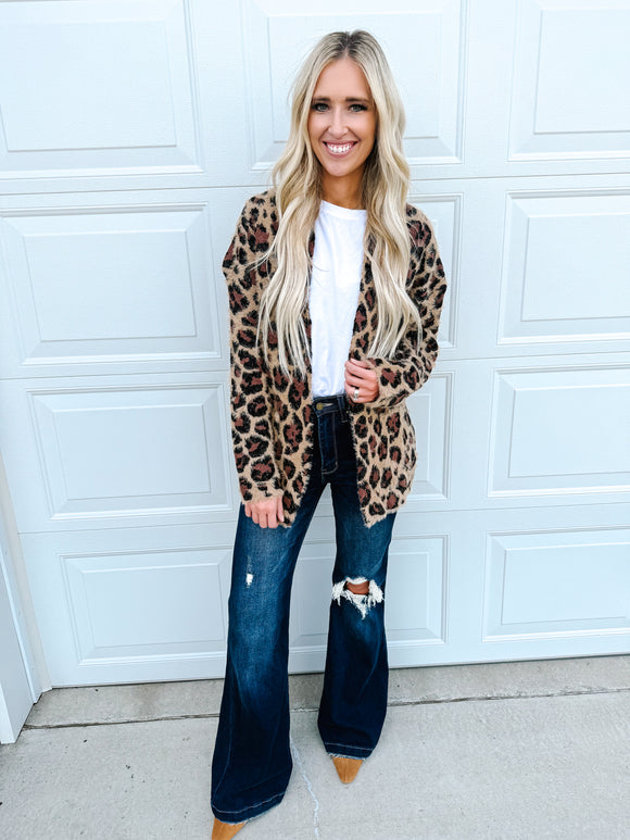 Brown Leopard Open Front Fuzzy Cardigan