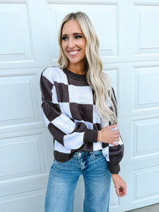 Dark Brown Plaid Bishop Sleeve Pullover Sweater
