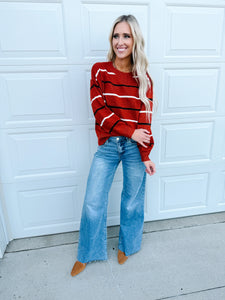 Striped Ribbed Edge Drop Shoulder Sweater