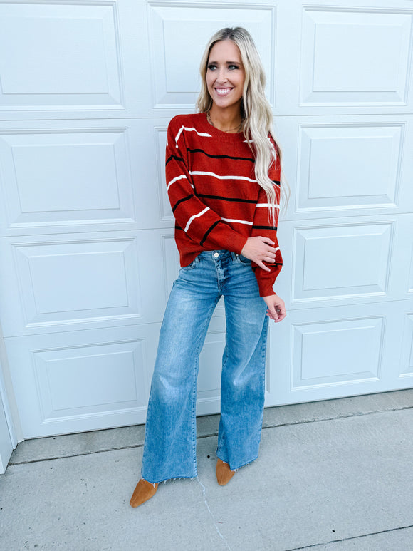 Striped Ribbed Edge Drop Shoulder Sweater