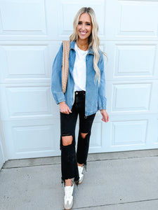Myosotis Elastic Hem Collared Zip Up Denim Jacket